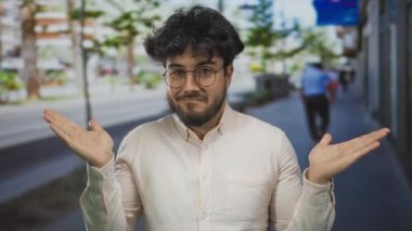 Sokakta duran sakallı ve gözlüklü genç adam bulanık şehir geçmişine karşı açık ellerle şaşkın şaşkın bakıyor..