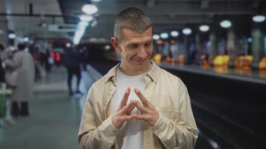 Beyaz adam gülümseyen ve sıkıca tutunan kapalı bir tren istasyonunda bulanık banliyö sakinleri ve parlak ışıklarla modern bir şehir atmosferi yaratıyor..