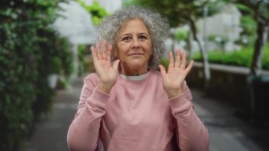 Gri saçlı yaşlı kadın yüzünü örtüyor ve bir şehir sokağında gülümsüyor, neşe ve neşe dolu bir şehir ortamında çevresini çevreleyen canlı yeşillik.