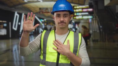 Güvenlik yeleği ve kasketli genç İspanyol bir adam havaalanında kapalı alanda yemin jesti yapıyor..
