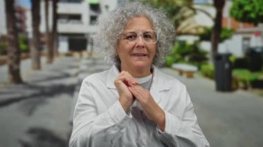 Şehirdeki bir sokakta, binalar ve ağaçlarla çevrili beyaz ceketli, kıvırcık gri saçlı yaşlı bir kadın..