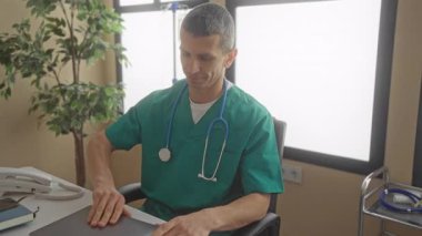 Steteskoplu yeşil üniformalı bir doktor hastane kliniğinde dizüstü bilgisayar kullanıyor. Organize dosyaları ve bitkileri içeride..