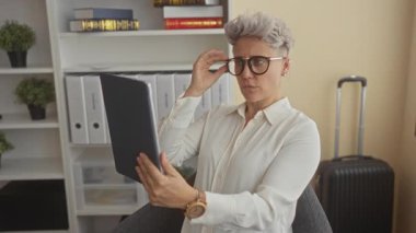 Kafkasyalı kadın tablet tutuyor ve ofis binasında el ile saç ayarlıyor; konsantrasyon iç gözlem.