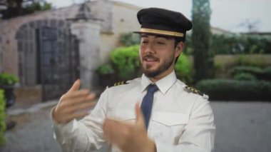 Kılavuz üniformalı İspanyol bir adam güler ve güneşli bir günde kır bahçesinde el kol gezer..