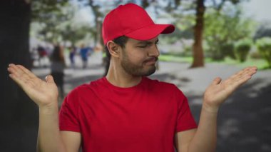 Kırmızı şapkalı ve gömlekli genç adam yeşil ağaçların arasında iki elini de omuz silkerek kaldırıyor..