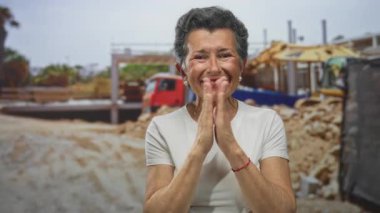 Yaşlı, gri saçlı bir kadın inşaat alanında gülümsüyor, beyaz bir gömlekle makinelerin ve tamamlanmamış yapıların önünde, güpegündüz duruyor..