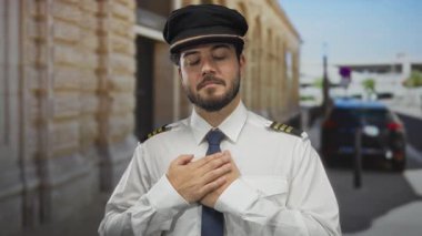 Sakallı İspanyol üniformalı genç adam şehir sokaklarında ellerini göğsüne koyuyor. Açık havada samimiyet, profesyonellik ve güven göstergesi olarak..