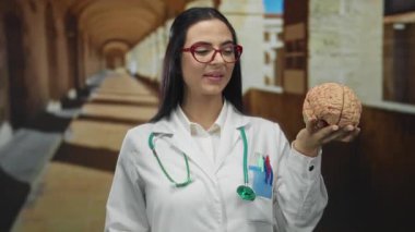 Üniformalı İspanyol kadın doktor eski üniversite ortamında steteskopla beyin modelini tutuyor..