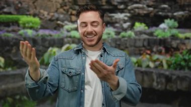 Sakallı genç adam gülümsüyor ve parkta ellerini uzatıyor kot ceket giyiyor açık havada canlı yeşil bir manzara sergiliyor..