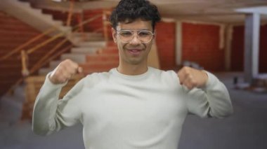 Gözlüklü genç adam tamamlanmamış binada kollarını esnetiyor; kendine olan güveni azmi kuvvetlendiriyor..