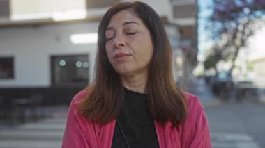 Pembe ceketli orta yaşlı kadın, şehir caddesindeki yaya geçidine göz yumuyor..