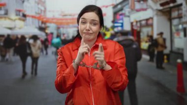 Elleri kelepçeli turuncu hapishane tulumlu bir kadın kalabalık bir sokakta poz veriyor, beklenmedik bir şehir ortamında mizah ve ironiyi harmanlıyor..