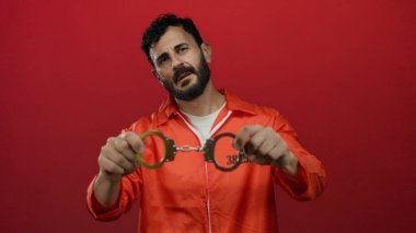 Hapishane tulumlu, parlak kırmızı bir arka plana kelepçeli İspanyol sakallı bir adam yansıtıcı ve ciddi bir atmosferi canlandırıyor..