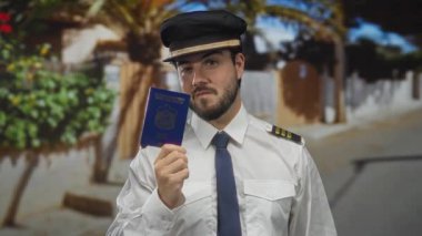 Pilot üniformalı genç adam elinde pasaport arka planda tropikal bitkilerle güneşli bir sokakta güvenle dikiliyor..