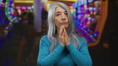 Gri saçlı yaşlı bir kadın canlı bir kumarhanenin içinde renkli kumar makinelerinin yanında, dinamik iç aydınlatma altında mavi bir kazak giyiyor..