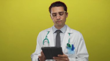 Genç İspanyol doktor, boynunda steteskop olan bir tablet kullanıyor. Sarı bir duvara dayanıyor. Üzerinde sağlık üniforması ve gözlük var..