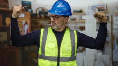 Çelik yelek giyen İspanyol bir adam ve kasketli bir adam. Kapalı alanda kendine güvenerek poz veriyor. Güç ve profesyonellik gösterisi yapıyor..