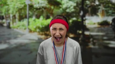 Parkta madalya takan ve kafa bandı takan bir kadın doğa olaylarında bağırıyor..