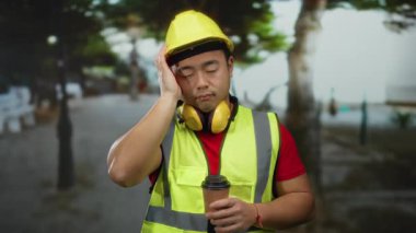 Şehir caddesinde kahve tutan inşaat işçisi. Kulaklık ve güvenlik yeleği takıyor. Yorgun bir ifadeyle..