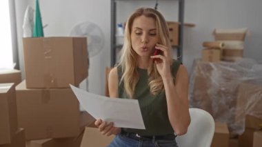 Oturma odasında karton kutularla çevrili bir şekilde telefonla konuşan bir kadın yeni bir dairede taşınma işlemi sırasında elinde belge tutarken taşınma ve geçişi öneriyor..