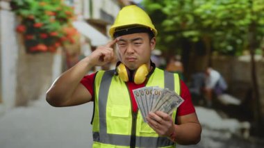 Şehir caddesinde kulaklıklı bir inşaat işçisi bize dolar tutuyor ve muhtemelen para ya da iş hakkında karışık jestler yapıyor, güvenlik donanımı ve sarı şapka takıyor..