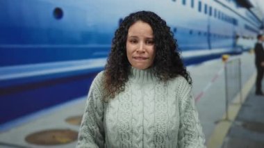 Sahilde, arka planda teknesi olan bir kadın limana karşı süveter giyiyor marina ortamında gösteriş yapan İspanyol bir kadın, sakin deniz manzarasını yansıtıyor..