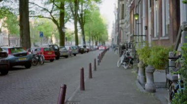 Park halindeki arabaların, bisikletlerin ve yol boyunca uzanan ağaçların bulunduğu Amsterdam caddesinin odaklanmamış görüntüsü, Hollanda 'nın canlı kentsel manzarasında kentsel yaşamı vurguluyor..