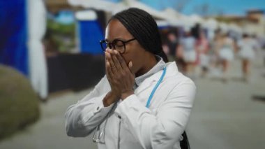 Beyaz önlüklü ve gözlüklü kadın. Şehir sokağında dikiliyor. Arka planda bulanık kalabalık ve binalar var..