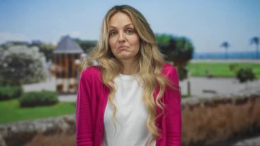 Genç bir sarışının yeşil ağaçların ve çalıların yanında durduğu parkta el ele tutuşan bir kadın..