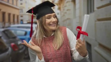 Sokakta gülümseyen genç bir kadın elinde diplomayla mezuniyet şapkası takıyor. Açık havada başarıyı ve başarıyı simgeliyor.