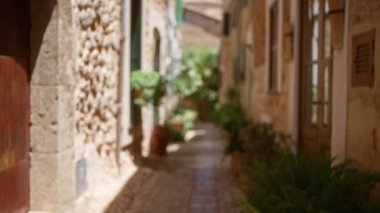 Mallorca 'da büyüleyici bir kaldırım taşı caddesinin bulanık görüntüsü, kırsal binalar, güneş ışığı ve açık hava ortamındaki Akdeniz bitkileriyle dolu İspanya