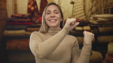 Genç bir kadın mağaza raflarını yumrukluyor; kutlama eğlencesi.