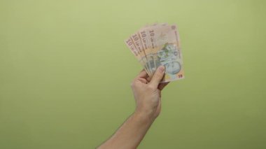 Rumen Ley banknotlarını sarı izole bir arka planda tutan adam.