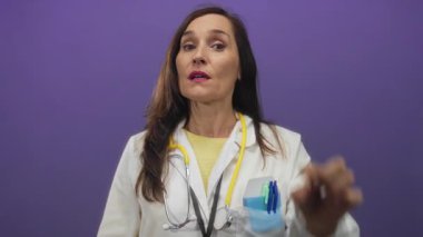 Mor arka planda steteskopla küçük ölçümler yapan kadın doktor, şüpheyi dile getiriyor, üniforma giyiyor, tecrit ortamında İspanyol kadın sağlık hizmetleri profesyonelliğini vurguluyor..