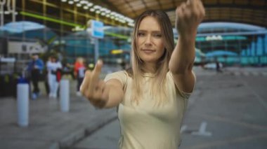 Havaalanında jest yapan genç ve sarışın arka planda terminali olan yoğun bir seyahat ortamında meydan okuma ve tavır sergileyen bir kadın..