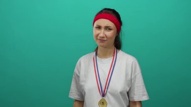 Madalya takan ve kırmızı saç bandı takan kadın yeşil duvara karşı duruyor, hoşnutsuzluğunu ifade ediyor ve el hareketleriyle hareket ediyor, renkli arka planda spor teması sergiliyor..