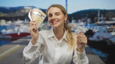 Limanda elinde Kanada dolarıyla gülümseyen bir kadın. Arka planda tekne ve deniz var. Açık hava manzarası, para ve marina ortamı..