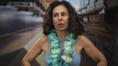 Bikini giyen İspanyol kadın ve Hawaii zambağı açık deniz kenarındaki bir teknede duruyor..