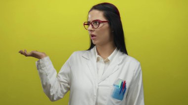 Laboratuvar önlüklü İspanyol kadın bilim adamı, parlak sarı bir duvar arkaplanına karşı enerjik bir şekilde el kol hareketi yaparak, araştırma ve araştırma duygusunu aktarıyor..