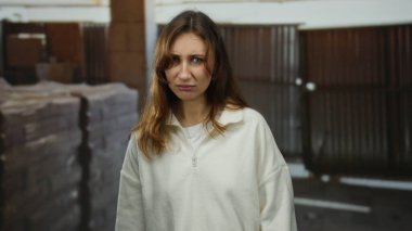 Genç bir kadın, bir inşaat sahasında, bir yığın malzemeyle düşünceli bir şekilde duruyor, tefekkür ediyor ve gelişigüzel bir ortama odaklanıyor..