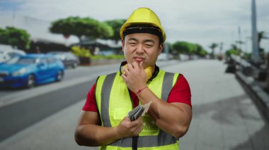 Emniyet yeleği ve miğfer giyen bir adam şehrin sokaklarında elinde nakit tutarak düşünceli duruyor, finans ve inşaat odaklı kentsel yaşam tarzı zorluklarını yansıtıyor..