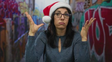 Noel Baba şapkası takan orta yaşlı kadın gergin bir ifadeyle sokak ortasında el kaldırıyor; stres endişesi.