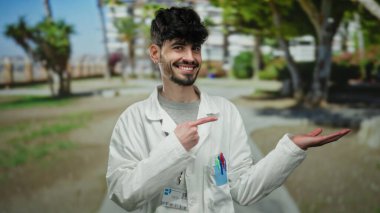 Parkta gülümseyen ve el kol hareketi yapan genç bir adam. Arka planda ağaçlar ve binalar olan beyaz bir ceket giyiyor. Açık havada dostane ve cana yakın bir tavır sergiliyor..