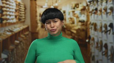 Yeşil kazaklı genç bir kadın, parlak bir ayakkabı mağazasında rahatsız olduğunu ifade ediyor. Ahşap raflar ve çeşitli ayakkabı vitrinleri var..