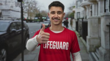 Cankurtaran tişörtü giyen genç İspanyol bir adam şehir caddesinde başparmağını kaldırıyor..
