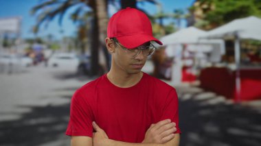 Gündüz vakti, güneşli şehir caddesinde kırmızı gömlek, şapka ve gözlük takan, katlanmış kolları olan İspanyol genç bir adam..