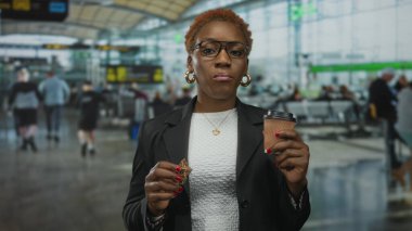 Geniş pencereli, modern bir havaalanında kahve fincanı tutarken gevrek çiğneyen kadın..