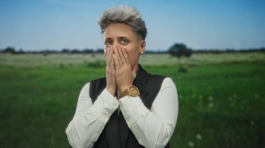 Kadın beyaz gömlekli siyah yelek ve tahta saat giyerek ağzını kapatır açık güneş ormanı, şaşkınlık.