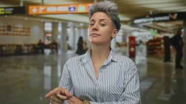 Mavi çizgili gömlekli kadın, kalabalık havaalanı terminali girişinin üstündeki kalkış işaretini işaret ediyor..