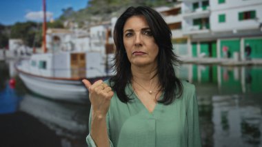 Yeşil bluzlu kadın, liman binasına yanaşmış beyaz teknenin yanında baş parmak hareketi gösteriyor..